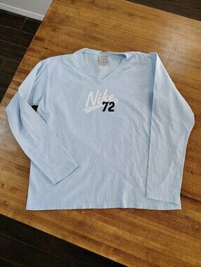 VTG Y2K Nike Long Sleeve Light Blue V-Neck Tee with White Scrip Nike '72'
